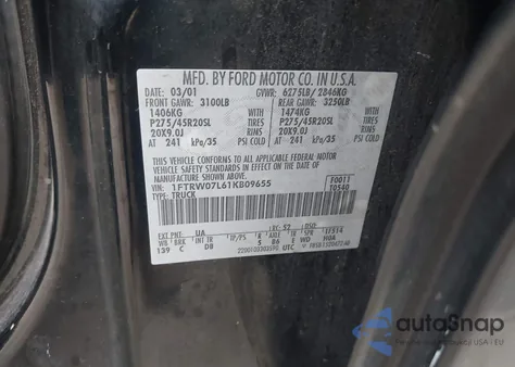 2001 Ford F-150 Harley-Davidson Edition/King Ranch Edition/Lariat/Xlt z USA, uszkodzony, nr VIN 1FTRW07L61KB09655